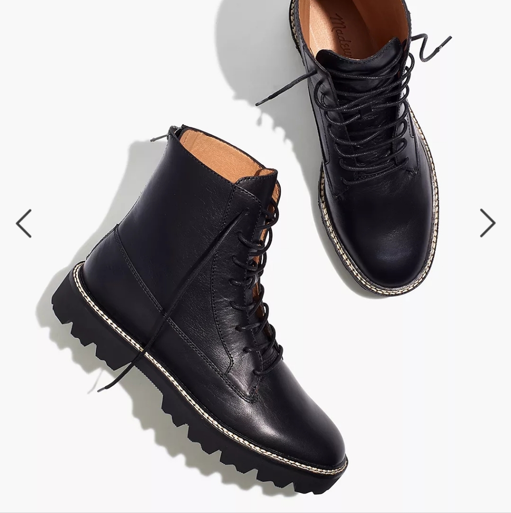 Madewell Black Leather Lug Sole Lace-Up Ankle Boots